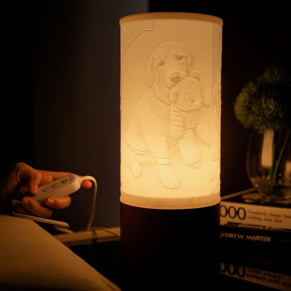 Column lamp glowing at a desk