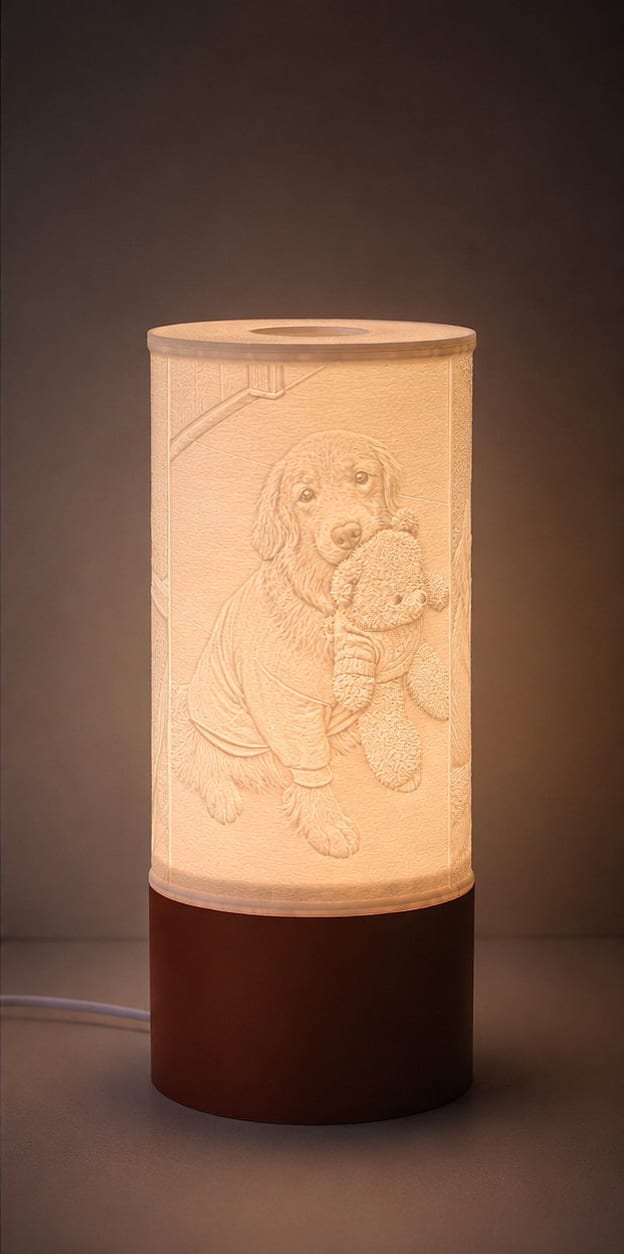 The same lamp switched on: the portrait glows in the shade
