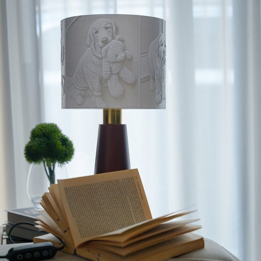 Drum lamp switched off in a room: a white relief