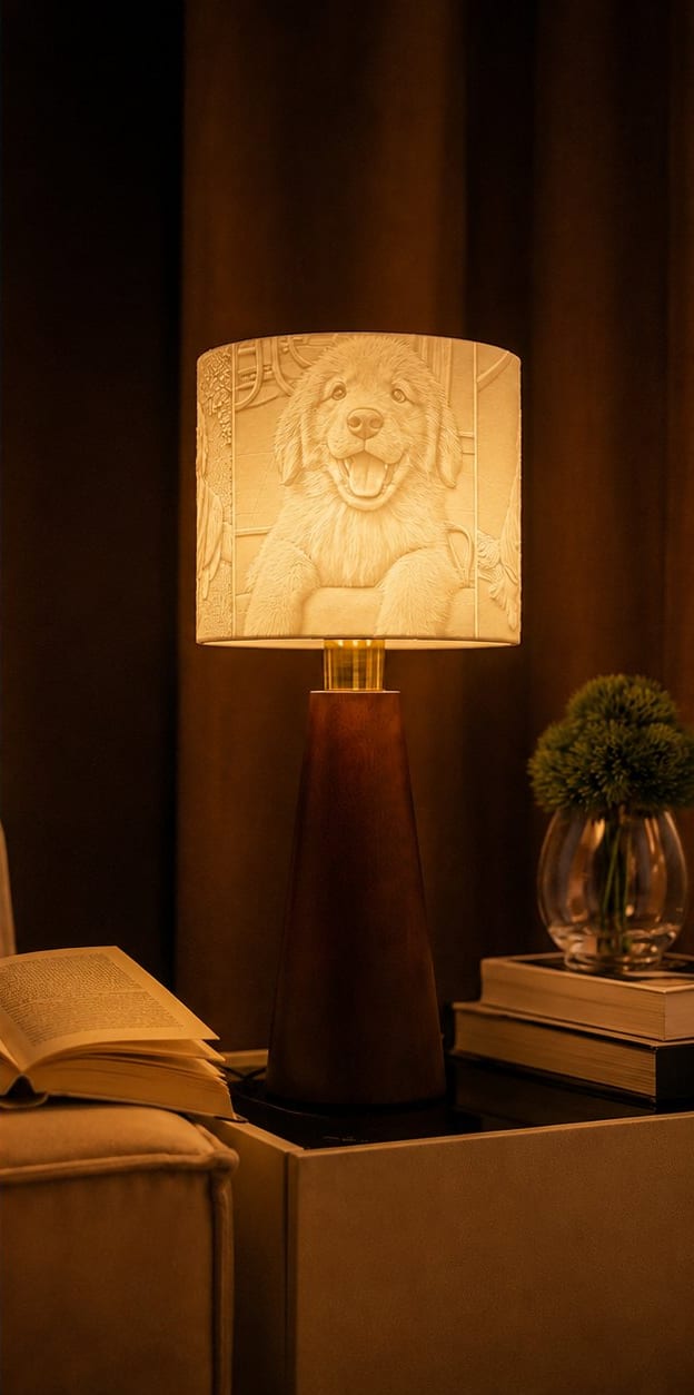 A Drum lamp switched on, a dog portrait glowing in the shade