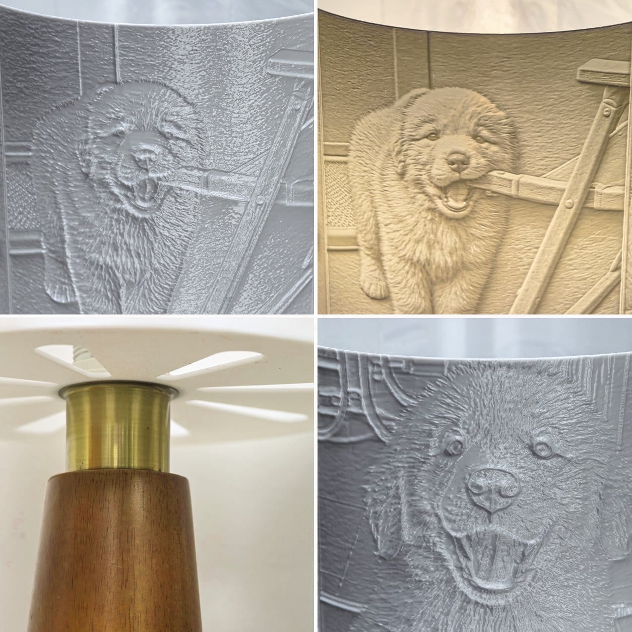 Close-ups of the relief, the shade and the brass joint