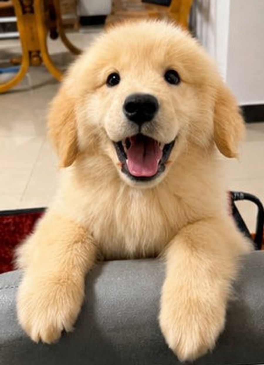 An ordinary photograph of a golden retriever puppy leaning over the back of a grey sofa, mouth open