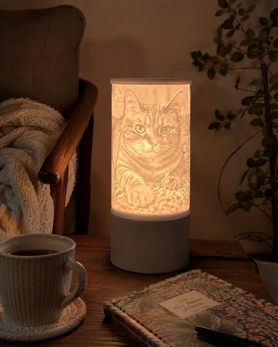 A Column lamp with a cat portrait glowing beside a cup of tea