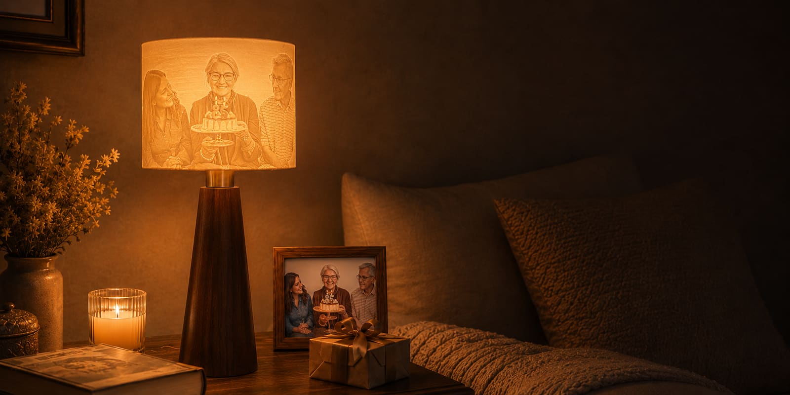 A Drum lamp glowing on a bedside table, three generations around a birthday cake lit up in its shade