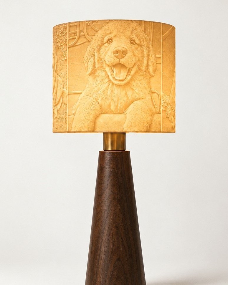 The same Drum lamp switched on: the puppy portrait glows in the shade