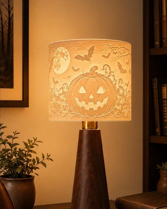 The Hallows Glow lamp switched on: the jack-o-lantern glows