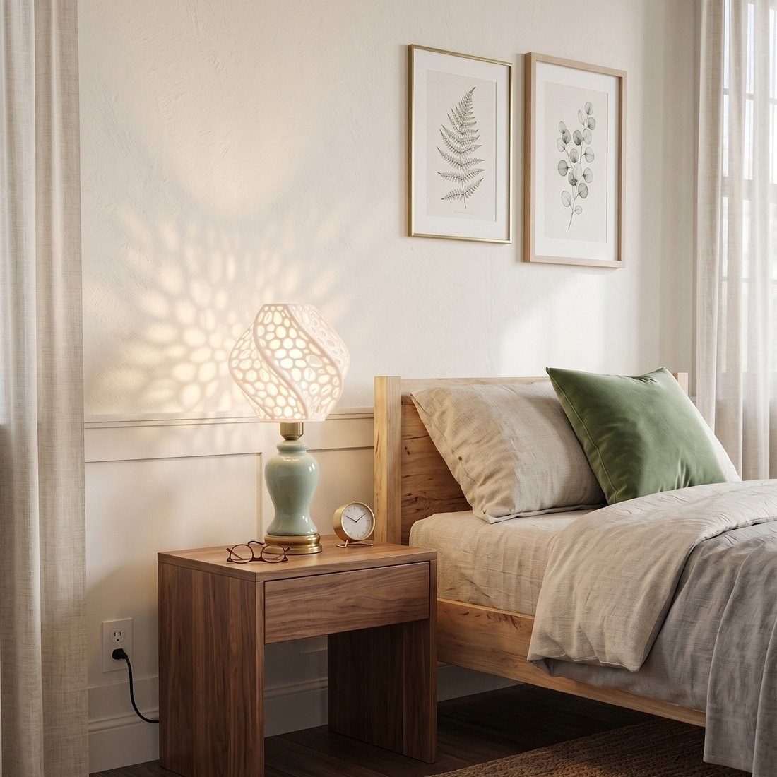 The Fractis Curve Table Lamp lit on a bedside table, its pierced shade casting a pattern of light on the wall