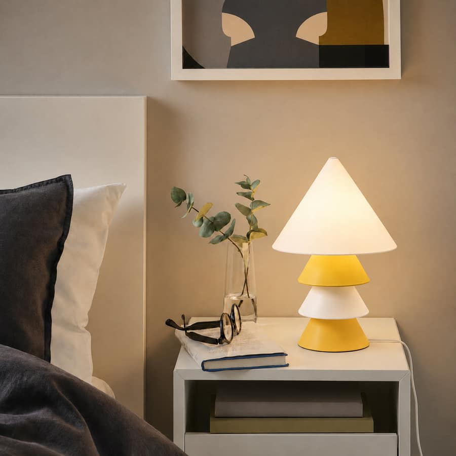 The Cairn lamp, stacked yellow and white, on a bedside table