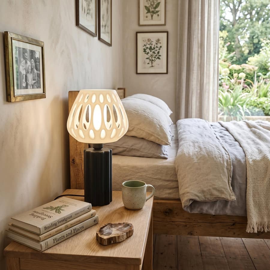 A pierced OVLIGHT lamp glowing on a bedside table in a warm bedroom