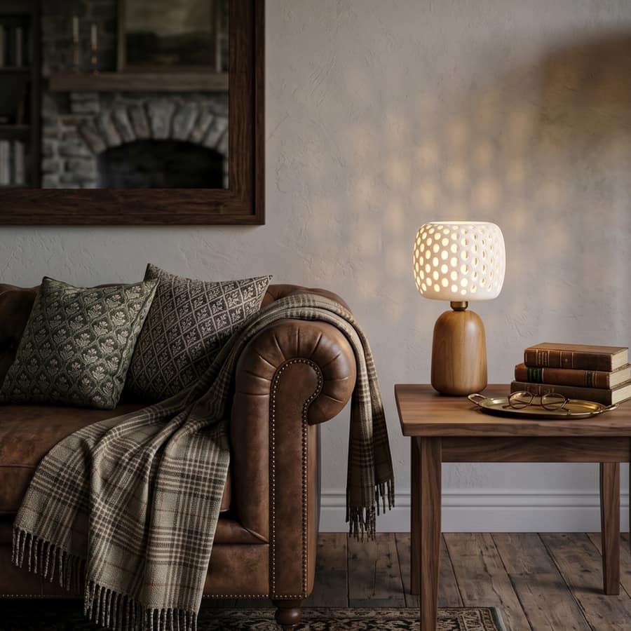 The Aspella Caskin lamp on a side table in a living room with a leather sofa
