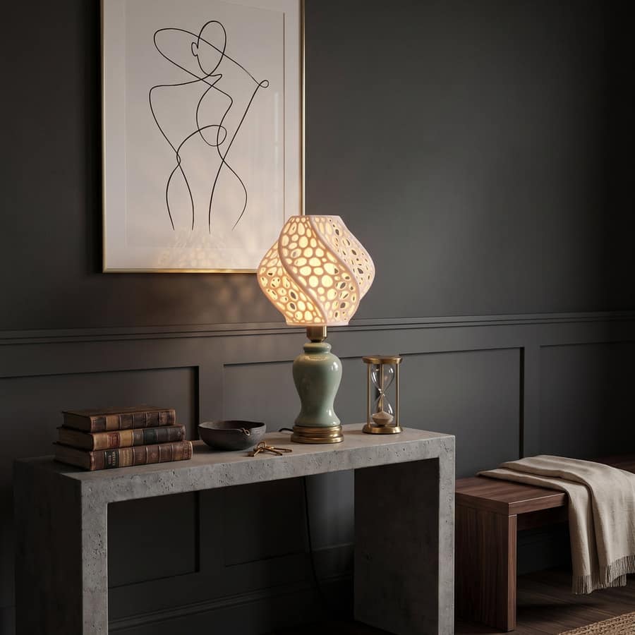 The Fractis Curve lamp glowing on a stone console table